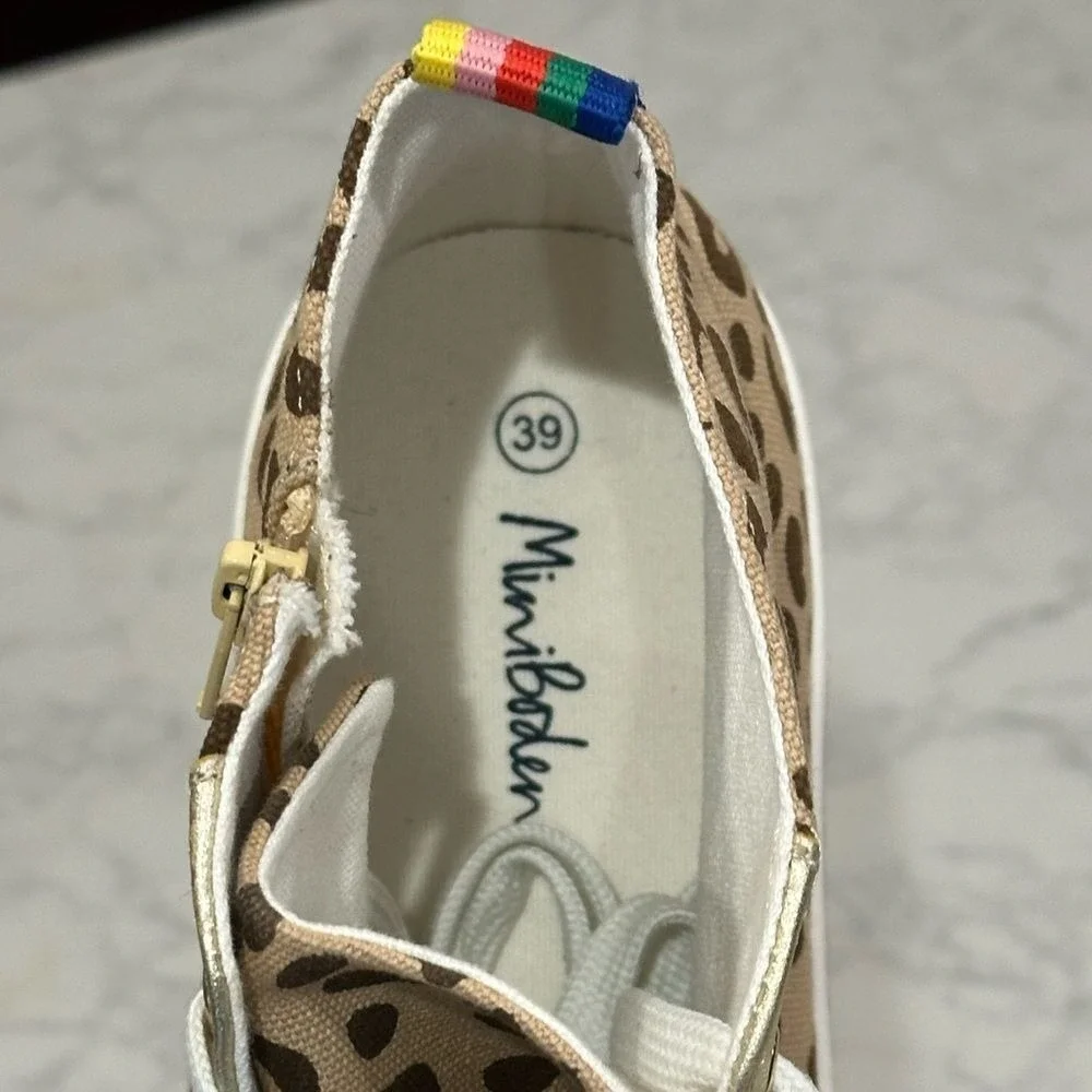 Mini Boden Girls Leopard Print High Top Sneakers Gold Trim Rainbow Zip Size 39